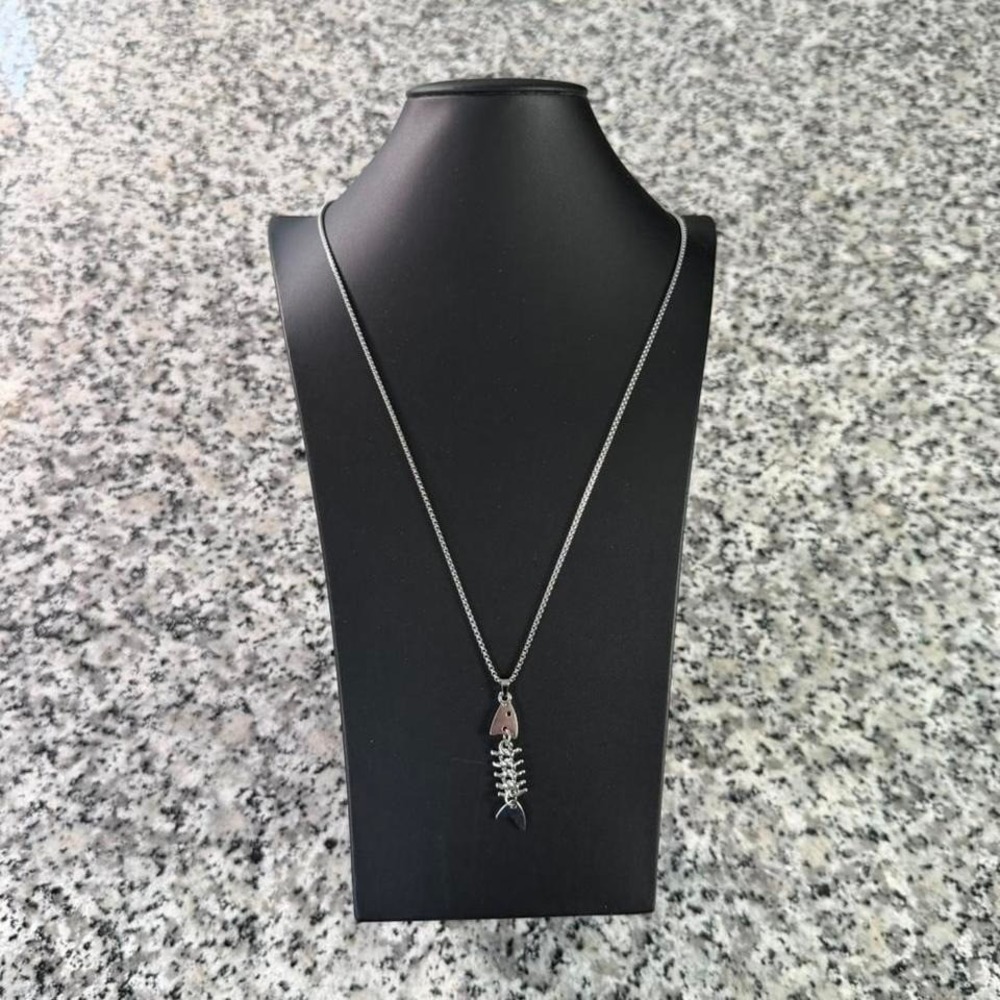 Silver Chrome Steel Y2k Fish Skeleton Skull Necklace Brand New
